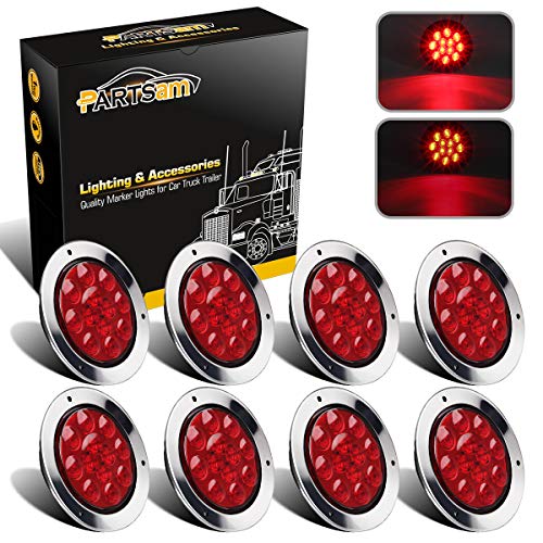 Partsam 8Pcs 4 Inch Round Led Stop Turn Tail Lights Red 12LED Flange Mount Truck Trailer RV Brake Stop Turn Marker Tail Running Lights Waterproof Sealed with Chrome Rings Bezels 12V DC