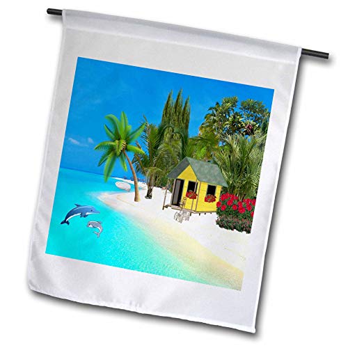 3dRose Lens Art by Florene  Pineapple and Beach Art  Image of Tropical Island with Dolphins Palms and Turquoise Sea  12 x 18 inch Garden Flag (fl_303372_1)