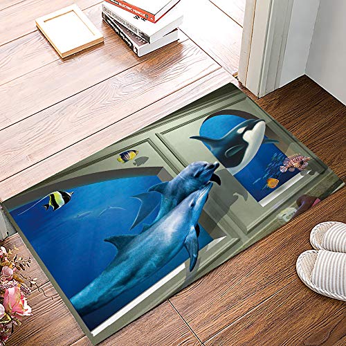 Custom Bed USA Indoor Felt Doormat Sea Animals Front Door Mat Non Slip Rubber Backing Dirt Trapper Mats Entrance Door Rug Carpet 18x30inch 3D Dolphins Undersea Ocean Tropical Decor