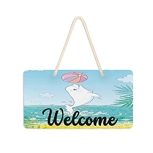 Jumping Dolphin Tropical Sea Welcome Door Sign Summer Beach Palm Tree Hanging Signs Wall Plaque for Front Door Porch Yard Garden Rustic Home Decor 6x11 Inch