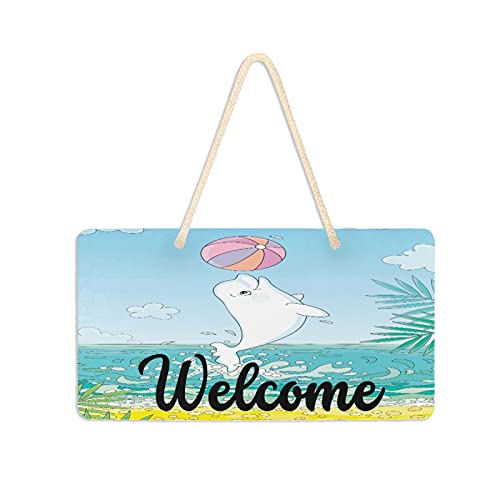 Jumping Dolphin Tropical Sea Welcome Door Sign Summer Beach Palm Tree Hanging Signs Wall Plaque for Front Door Porch Yard Garden Rustic Home Decor 6x11 Inch