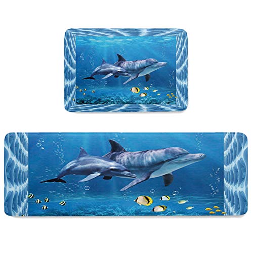 Possta Decor Kitchen Mats 2 Piece Non Slip Area Runner Rug Set Super Soft Comfort Standing Mat Sea Dolphin with Tropical Fish Floor Doormat Washable Carpet Blue Ocean Theme