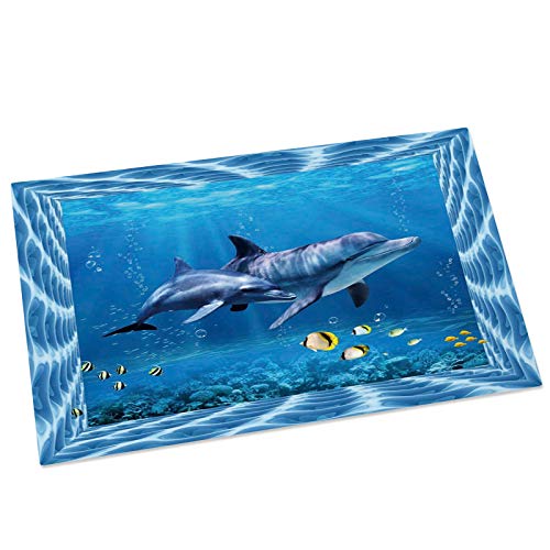 Sea Dolphin with Tropical Fish Welcome Doormat Blue Ocean Theme Home Decor Door Mats Water Absorbent Bath Rug Indoor Kitchen Rugs Non Slip Bathroom Carpets