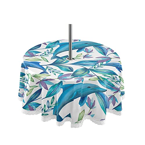 Tropical Flowers Dolphins Outdoor Tablecloth with Umbrella Hole Zipper Spring Summer Table Cover Machine Wash for Pinic Backyard Party Patio Garden Decor