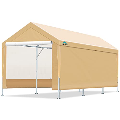 ADVANCE OUTDOOR Adjustable 10x20 ft Heavy Duty Carport Car Canopy Garage Shelter Boat Party Tent Adjustable Heights from 95ft to 110ft Removable Sidewalls and Doors Beige