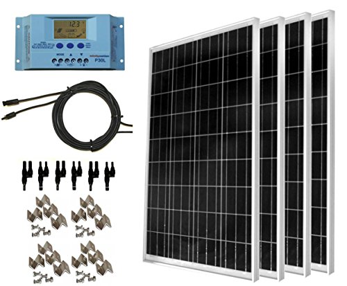 WindyNation 400 Watt Solar Kit Four pcs 100 Watt Solar Panels  30A P30L LCD PWM Charge Controller  Mounting Hardware  40ft Cable  Connectors RVs Boats Cabins Camping OffGrid