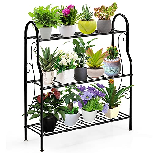 Giantex 3Tier Metal Plant Stand Indoor Outdoor Flower Pots Holder Plant Display Rack Shelf Utility Storage Organizer Rack for Balcony Patio Garden Living Room Home