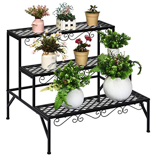 Giantex 3 Tiers Metal Plant Stand Ladder Plant Display Rack 3 Tier Step Flower Pots Holder Freestanding Home Decor Shelves Utility Storage Organizer Rack for Garden Patio Balcony