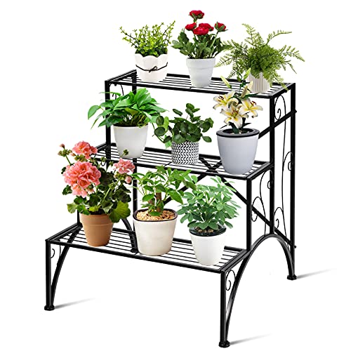 Giantex 3 Tiers Metal Plant Stand Ladder Plant Display Rack Large Flower Pots Holder 3 Tiers Step Utility Storage Organizer Rack Shelves for Garden Patio Balcony Home Stair Style Plant Stand