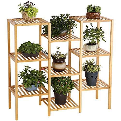 HYNAWIN 9 Tiers Bamboo Plant Stand Pots Holder Flower Display Shelf Bathroom Shelf Bookshelf Multifunctional Storage Rack Utility Shelf