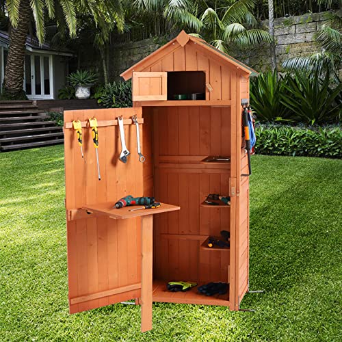 LVUYOYO Garden Storage Shed  Outdoor Wooden Storage Cabinet with Lockable Doors  Backyard Utility Tools Organizer Racks Shelves for Patio Backyard Garden Lawn