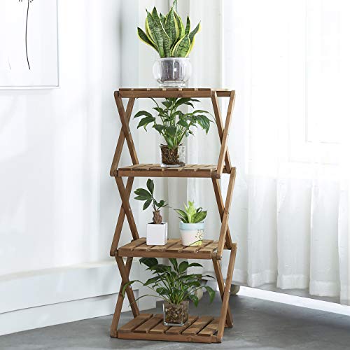 Sunnyglade 4Tier Foldable Flower Rack Plant Stand Wood Shelf Multipurpose Utility Storage Rack Books Picture Frames Shelves for Yard Garden Patio Balcony Bedroom Brown