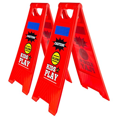 2 Pack Caution Kids at Play Safety Signs  Slow Down Children Playing Sign for Street  Reflective DoubleSided Bright Red Foldable Standing Signs for Yards Driveways Schools and Playgrounds