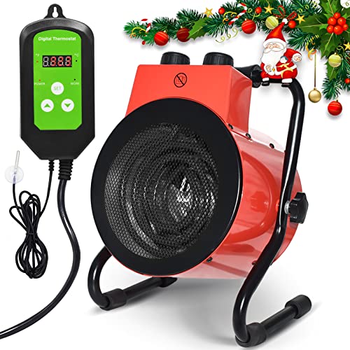 Greenhouse Heater with Digital Thermostat Controller Electric Heaters Fan for Green house Grow Tent Workplace Overheat Protection Fast Heating Red