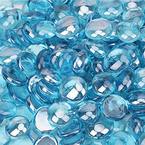 18 Pound Fire Glass Beads Fireglass Drops for Gas Fire Pit Fireplace Azure Blue Luster Reflective Decorative Glass Gems Rocks Pebbles Stone for Vase Fillers Fish Tank Aquarium Decoration (Azure)