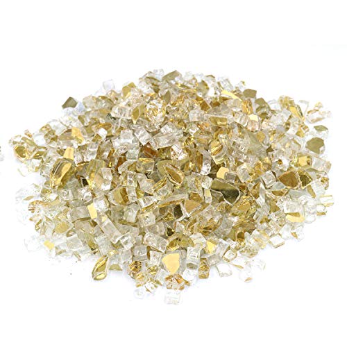 Golden Crystal Fire Glass 10 Pounds of ½ In Premium Tempered Fire Pit Glass Reflective Fireglass for Fire Pit Fire Table Fireplace Natural Gas and Propane Fire Glass Pellets Rocks High Luster