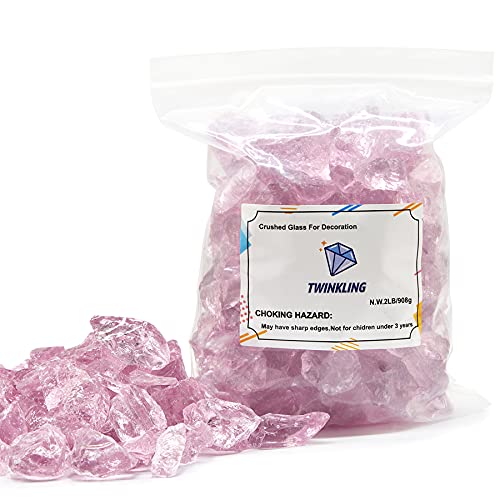 TWINKLING High Luster Fire Glass Gravel StoneBroken GlassFire Pit GlassCrushed Glass for Fireplace Pit Aquarium Garden Decoration13cm2Pound Jar (Pink)