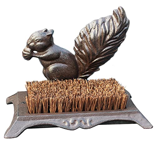 Cast Iron Shoe Brush Hard Bristles Antique Squirrel Statue Design Outdoor All Weath Boot Scraper Brown Coconut Fibre for Home Garden Patio