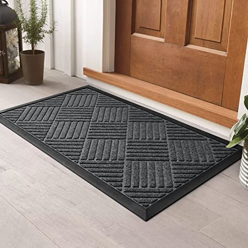 HOMEIDEAS 2 Pack Durable Natural Rubber Door Mats Waterproof Outdoor Mat Welcome Mat Low Profile Shoes Scraper Heavy Duty Non Slip Indoor Doormat for Outside Entry Busy Areas 295x17 Grey