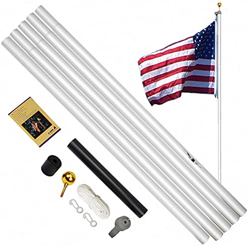 AONE 20FT Extra Thick Sectional Flag Pole Heavy Duty Aluminum Outdoor Residential Flagpole Kit with Golden Ball Topper Silver