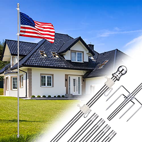 Barcetine 9 ft Yard Flag Pole Kit  Tangle Free Flag Pole for Outside in GroundStainless Steel Outdoor Flagpole with 5 Prong Stand for House Garden DecorationSilver 1Diameter