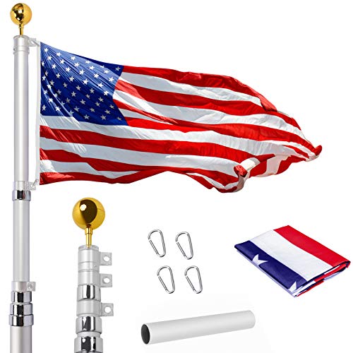 WeValor 20FT Telescoping Flag Pole Kit Heavy Duty 16 Gauge Aluminum Outdoor In Ground Flag Poles with 3x5 USA Flag for Residential or Commercial Silver