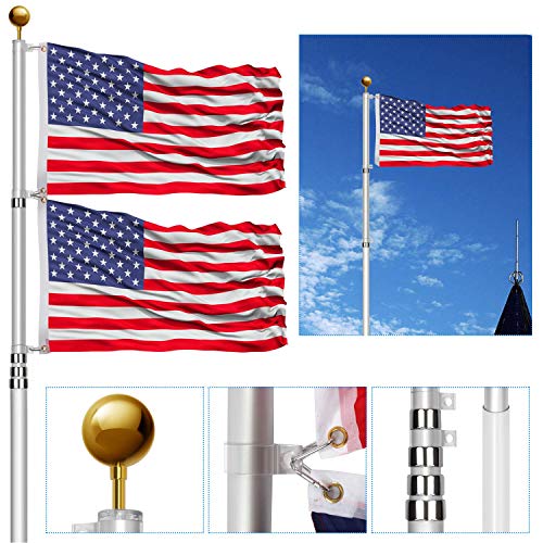 25FT Telescoping Flag Poles KitHeavy Duty 16 Gauge Aluminum Telescopic Flagpole Kit with 3x5 USA Flag  Golden Ball TopperIn ground flagpole for yard house Residential Outdoor garden