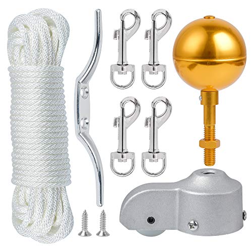 Flag Pole Hardware Parts Repair Kits 50 Feet Halyard Rope  3 Gold Ball  6 Zinc Alloy Cleat  4 PCS Metal Hook Clips  Cast Aluminum Truck for 2 Diameter Flag Poles Top