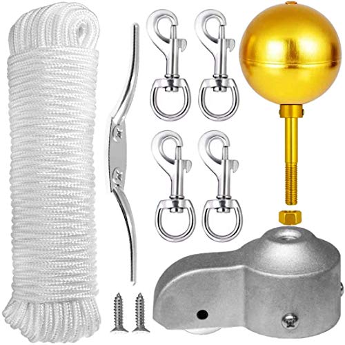 Flag Pole Repair Kits 3 Topper Gold Ball50 Ft Halyard Rope6 Cleat Hook4Count Swivel Snap HooksFlagpole Pulley Durable Wind Resistant Professional Flagpole for House Estate and Commercial