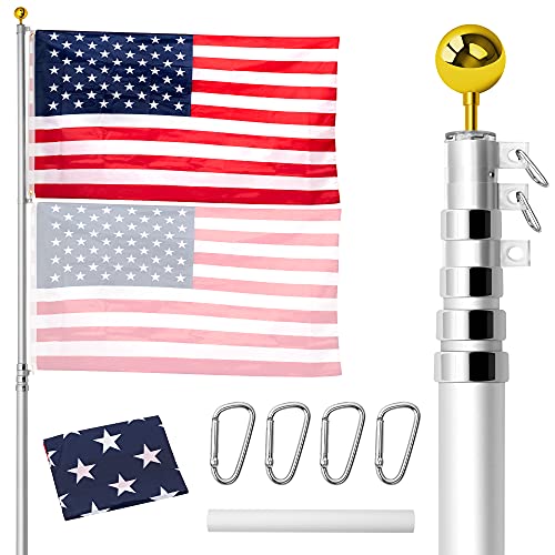 Gientan 25FT Telescopic Flag Pole Extra Thick Inground Aluminum Flagpole Kit with 3x5 US Flag and Golden Ball Top for Commercial Residential Outdoor Use Fly 2 Flags