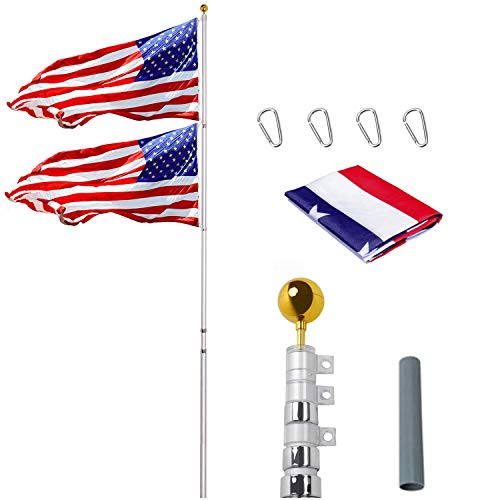 Supole 25FT Telescoping Flag Poles kit Fly 2 Flags Extra Thick Aluminum Heavy Duty Flagpole with Metal Pole 3x5 American US Flag  Golden Ball for Outdoor Commercial or Residential Silver