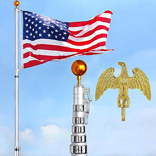 Yeshom 30 feet Telescopic 16 Gauge Aluminum Flagpole with Eagle Gold Ball Pole Top Finial 3x5 US Flag Kit Fly 2 Flags