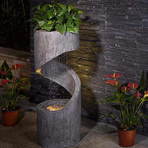 Glitzhome GH11250 Outdoor Polyresin Curved Waterfall Fountain with LED Light 313 H