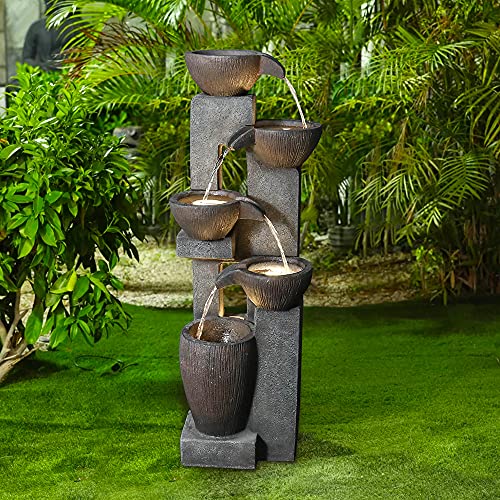 Naturefalls 5Tier Outdoor Water Fountains with LED Lights  39H Floor Standing Indoor Water Fountains for Garden Patio Deck Porch  Yard Art Decor (Grey 39H inches)