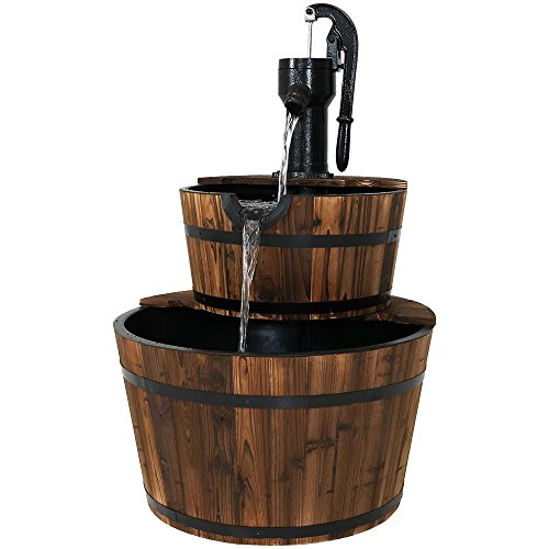 Sunnydaze Wood Barrel Outdoor Water Fountain with Hand Pump  2Tier Large Outside Cascading Waterfall Fountain Feature for Garden Backyard Patio Porch or Yard  Rustic 34Inch