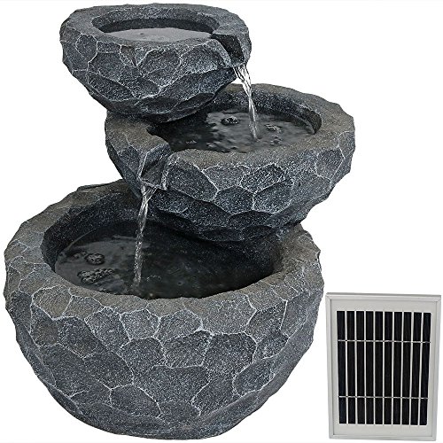 Sunnydaze 3Tier Chiseled Basin Solar Water Fountain with Battery Backup  Outdoor Patio and Garden Water Feature with Rechargeable Solar Battery  17Inch