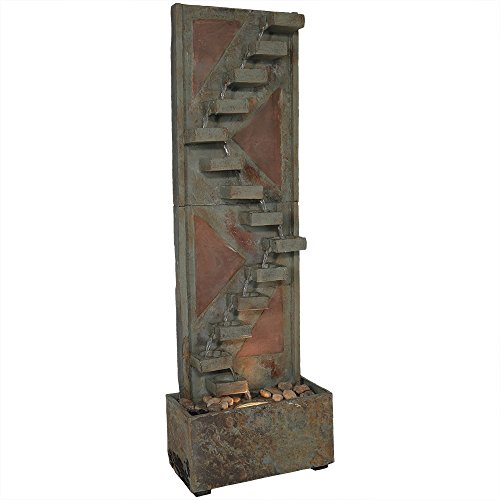 Sunnydaze Descending Staircase Slate Outdoor Water Fountain  Large Garden  Backyard Waterfall Fountain Feature with Copper Accents  LED Light  48 Inch Tall