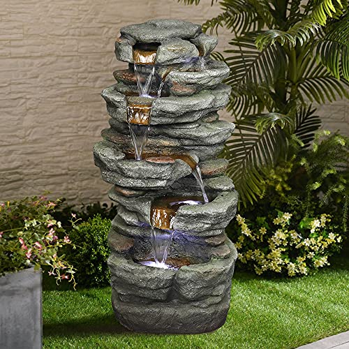 Naturefalls 326 Rock Water Fountain with Led Lights  6Tier PolyResin Outdoor Water Fountain  Relaxation Water Features for Patio Yard Deck Garden Decor