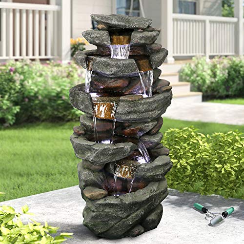 PeterIvan Outdoor Relaxing Water Fountain  40 35 H 6Tier Fountain Outdoor with 6 LED Lights StoneLiking Natural Looking Resin Waterfall Fountain for Patio Garden HouseOffice (406inch Grey)