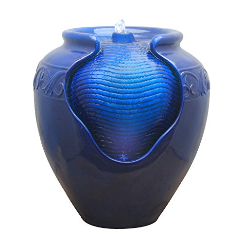 Teamson Home Floor Glazed Pot Water Fountain with Builtin LED Light and Pump for Outdoor Indoor Patio Garden Backyard Decking Home Décor 17 inch Height Royal Blue 17
