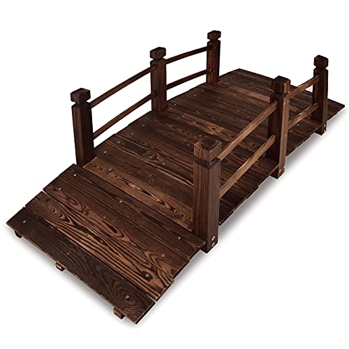 HODOCA 5 ft Garden Bridge for Outdoors，Wooden Arc Stained Finish Footbridge with Railings for Backyard Decorative Pond Bridge Creek Walkway or Farm