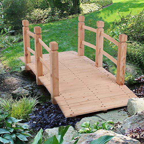 SSLine 5FT Wooden Garden Bridge Outdoor Landscape Arch Bridge with Guardrails Rustic Solid Fir Wood Pond Bridge with Slatted Walking Surface for Outside Backyard Farm Decorative Natural Color