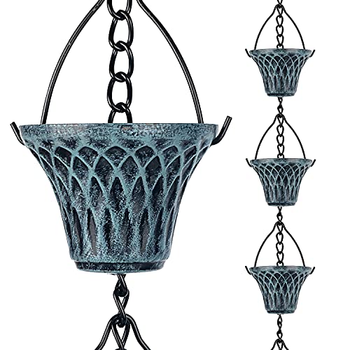 CYNOR Antique Blue Rain Chains for Gutter Downspout Decorative Garden Rainwater Diverter House Outdoor Decor 6 Cups 3Ft Rain Chain Extension