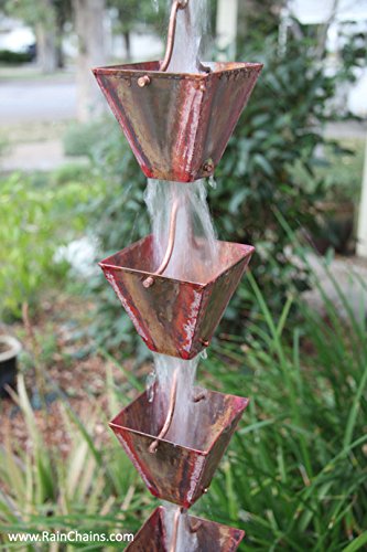 Medium PreAged Copper Square Cups Rain Chain with Installation Kit (10 Foot)