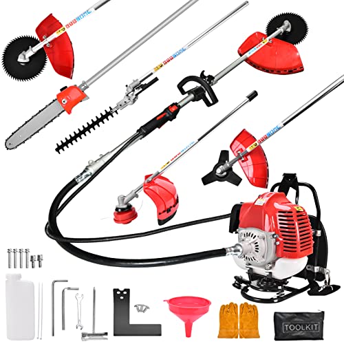 52cc 6 in 1Petrol Hedge Trimmer Grass Pruner Chainsaw Trimmer Brush Cutter with Four Mowing Heads for Lawn and Garden Tree Care Trimming