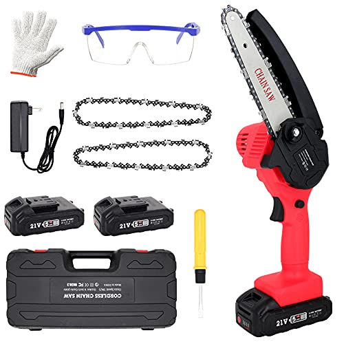 6inch Mini ChainSawMeng Hua Cordless Chainsaw with Batteries Autooil System OneHanded Electric Chain Saw Electric Pruning Chainsaw for Wood Cutting Garden Logging Trimming Branch(2 Batteries)