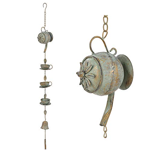 Jemeni 40 H Teapot  Cups Rain Chime with Bell Outdoor Patio Garden Yard Hanging Decoration Distressed Verdigris