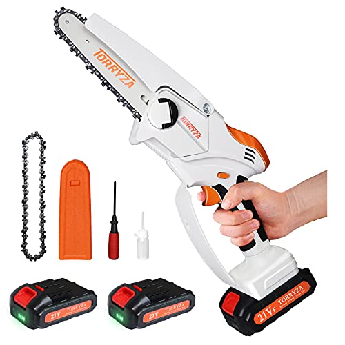 Mini Chain Saw TORRYZA 6Inch Mini Chainsaw with 2 Battery Cordless Electric Chain Saw 27Lbs Lightweight Handheld Chainsaw Small Battery Chain Saw for Branch Cutting Garden Tree Trimming White