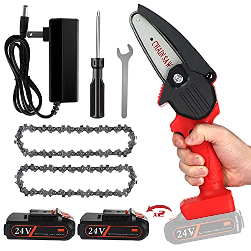 Mini Chainsaw Cordless 24V 4 Inch Electric Power Chain Saw OneHand Operated Portable Wood Saw with 2 Chains for Farming Tree Limbs Garden Pruning Bonsai Trunk and Firewood