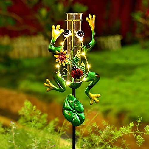 DUWIS Frog Rain Gauge Outdoor Decorative 2 Feet Metal Solar Rain Gauges Stakes for Garden Yard Lawn 6 Inch Capacity Plastic Tube and LED Light